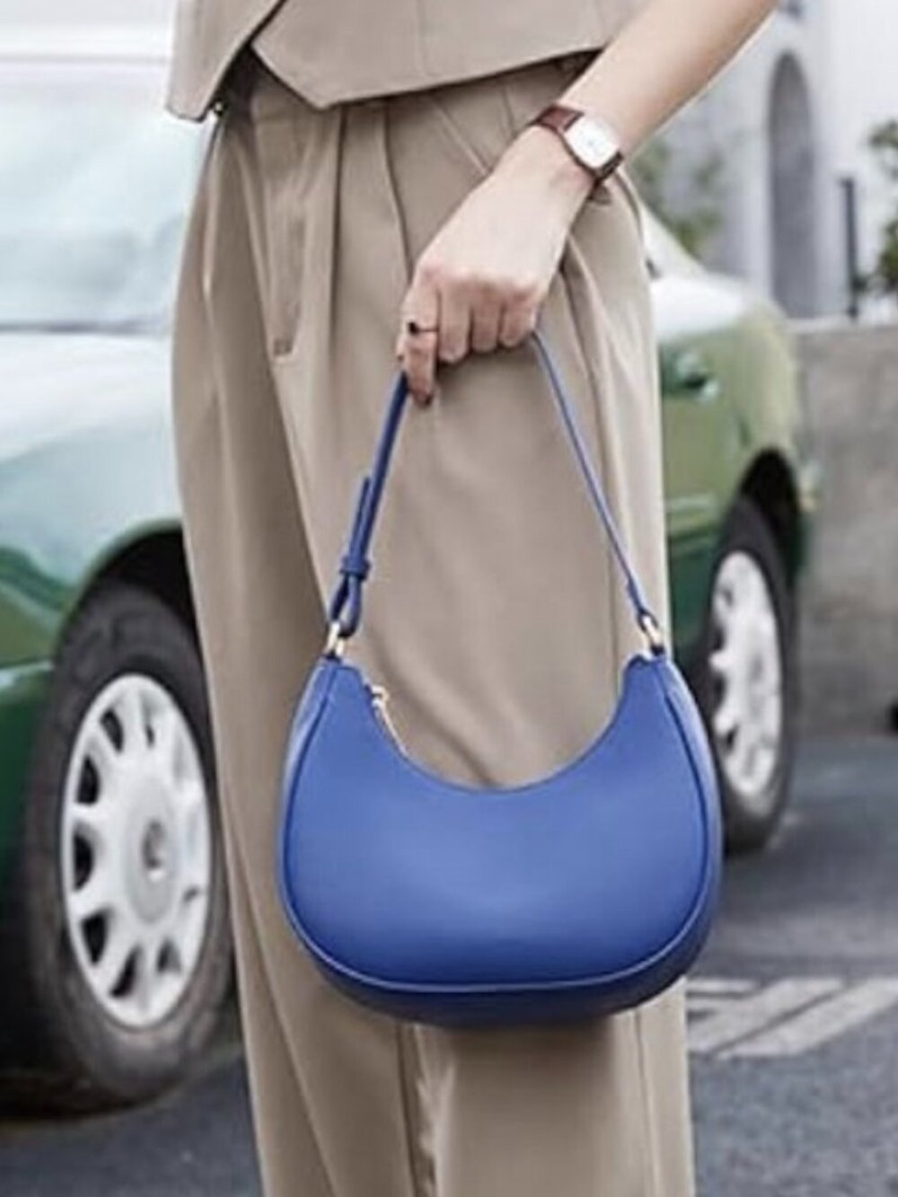 Cobalt Blue Crescent Shoulder Bag, Purse with Zipper Closure